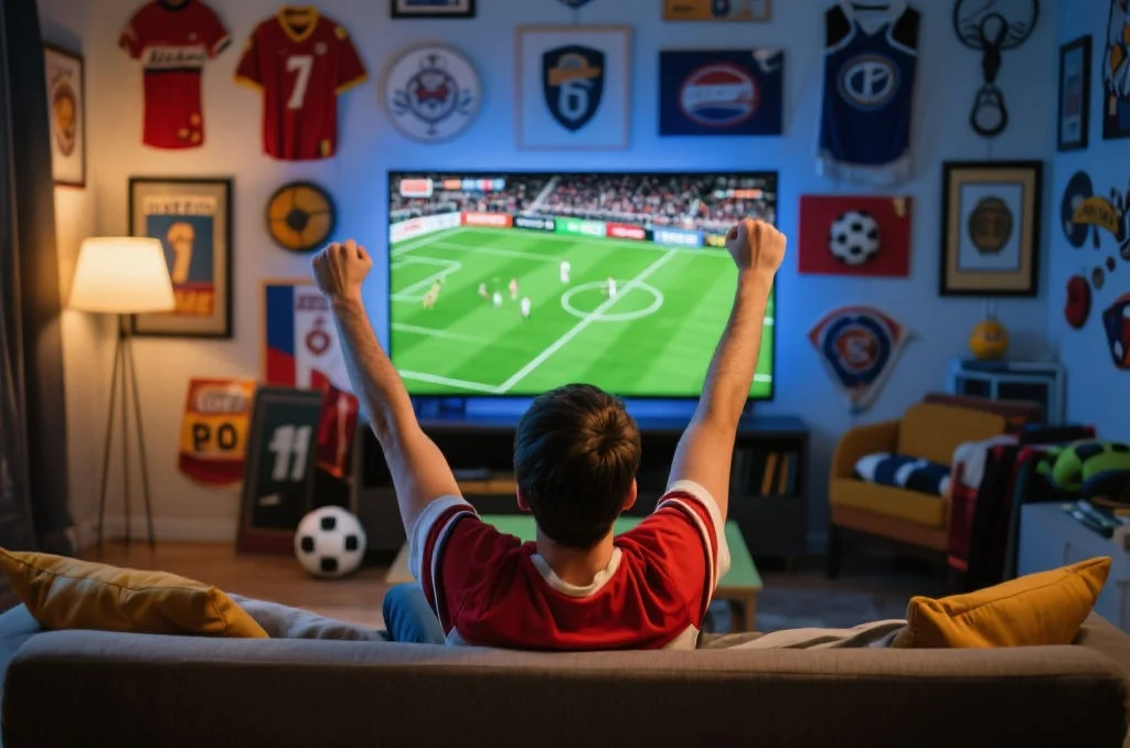 一位热情的体育迷在家中观看比赛，享受个性化提醒带来的便利